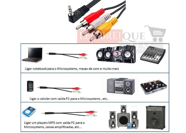 Cabo de vídeo e audio P2 x 3 RCA estéreo  (P2 em L) 1,80 m