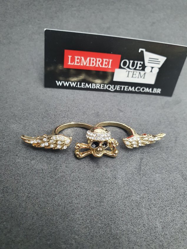 Anel Duplo Caveira Asas osso Dourado  – tamanho diversos