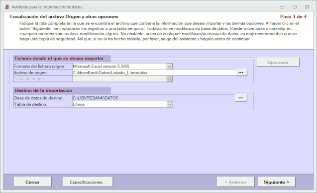 Asistente de importación. Paso 1