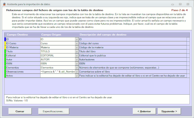 Asistente de importación. Paso 2