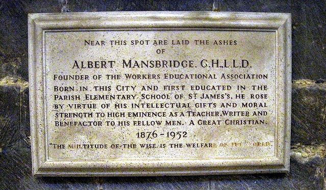 Plaque commemorating Mansbridge in Gloucester. Photographed by calotype46/5200412657. ; sourced from Flickr and reproduced here under a Creative Commons Attribution-NonCommercial-ShareAlike 2.0 Generic (CC BY-NC-SA 2.0) licence