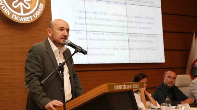 DIŞ TİCARETTE YAŞANAN SORUNLARA DİKKAT ÇEKEREK DEĞERLENDİRMELERDE BULUNAN TOBB YÖNETİM KURULU ÜYESİ VE AYDIN TİCARET ODASI (AYTO) BAŞKANI HAKAN ÜLKEN; "İHRACATÇIMIZIN ÜZERİNDEKİ MALİYET BASKISINI DÜŞÜRMEMİZ LAZIM" DEDİ.