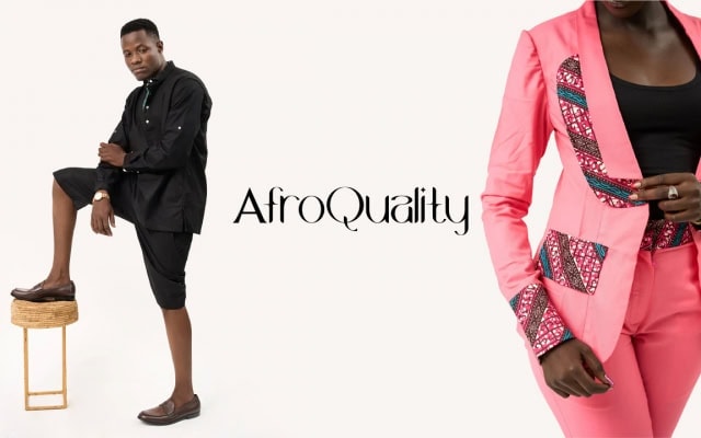 AfroQuality fashion promotional artwork featuring two models in contrasting outfits.