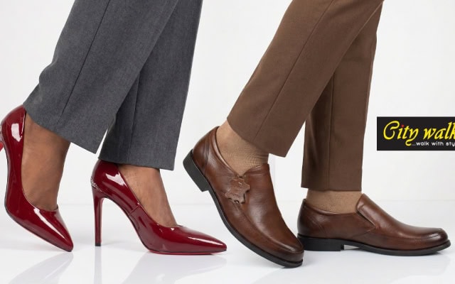 Promotional image showing burgundy women's heels and brown men's dress shoes