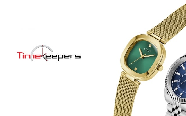 Timekeepers promotional graphic featuring gold and silver wristwatches on a white background.