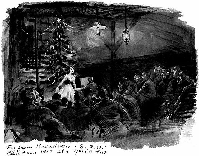 YMCA Hut - Christmas 1917. Image Processed by Distribued Proofreaders as part of the e-book creation process for Project Gutenberg title I was there. Author: Baldridge, Cryus Leroy (1889-1977). Sourced from Wikimedia Commons.