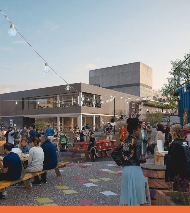 A CGI image of Bootle Strand Transformation town square lots of people are gathered using the space some are sat on pub benches drinking pints of beer to the rear a band is playing and string bulb lights line the area