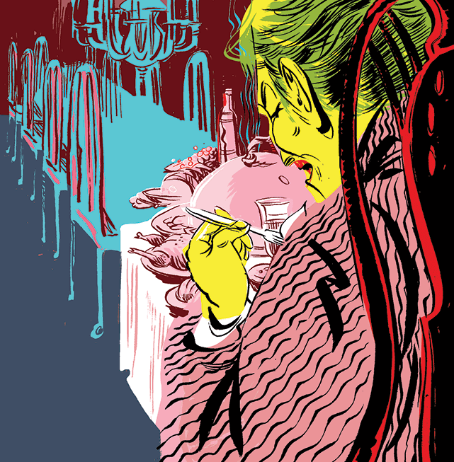 Greedy rich person eating dinner