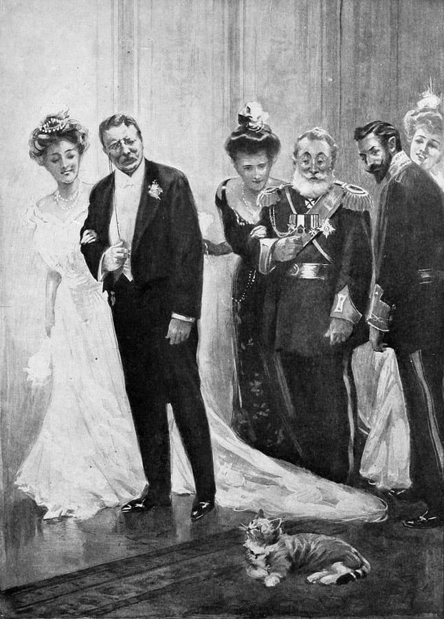 A pictorial of Theodore Roosevelt's cat Slippers. From St. Nicholas (serial), Volume 25, 1908. Captioned: "WITH AN AMUSED BOW, THE PRESIDENT ESCORTED THE AMBASSADRESS AROUNDSLIPPERS, AND KEPT ON HIS WAY TOWARD THE EAST ROOM."