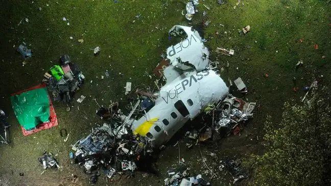 The debris at the site where an airplane crashed with 61 people on board, in Vinhedo, Sao Paulo state, Brazil, early on Saturday, Aug. 10, 2024. Brazilian authorities are working to piece together what exactly caused the plane crash in Sao Paulo state the previous day, killing all 61 people aboard. (AP Photo/Andre Penner)