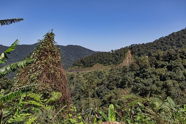 The road cuts into the mountains