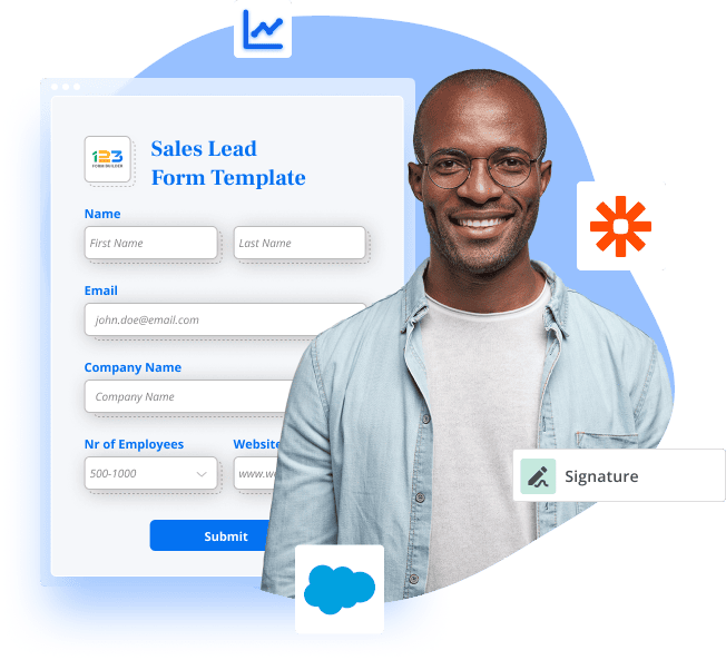 Image showing a sales lead generation form template with multiple features like zapier integration, salesforce integration, data analytics, and e-signature.
