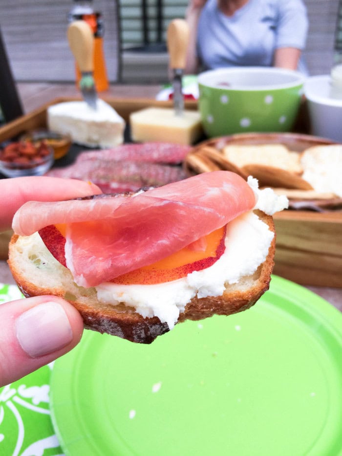 Goat Cheese, Peach, Prosciutto Crostini