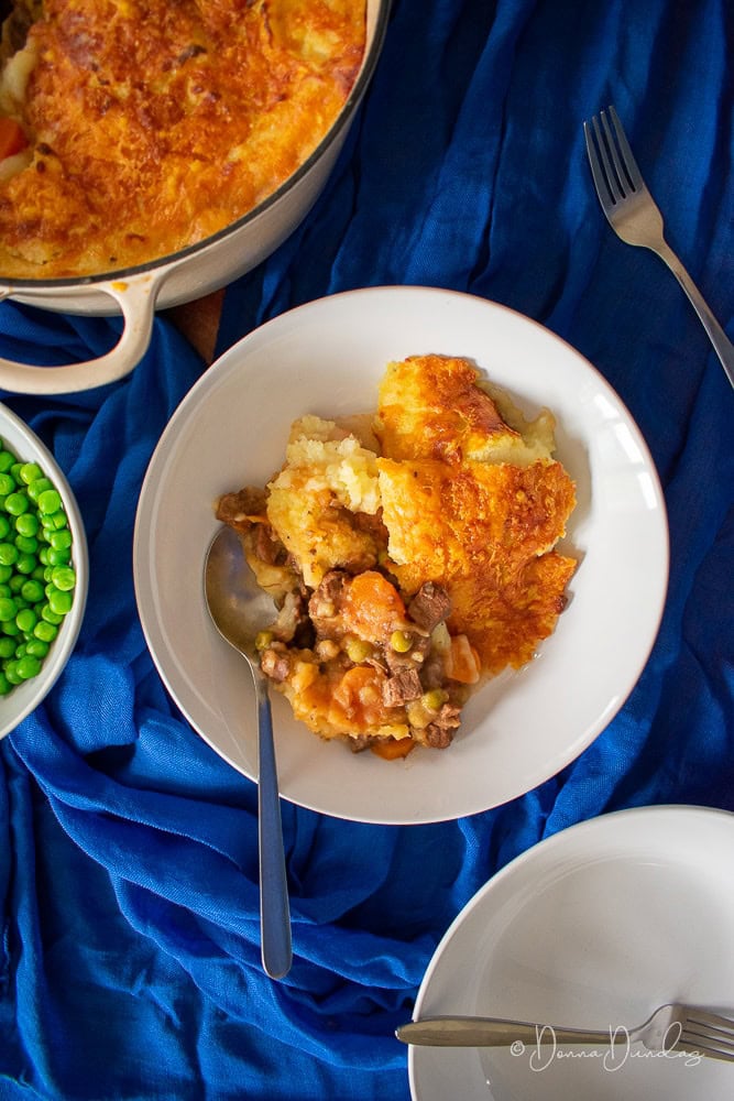 served portion of cottage pie with leftover roast beef.
