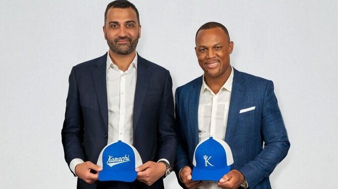 Kash Shaikh, left, with MLB Hall of Famer Adrian Beltre at the launch of Baseball United’s second franchise, Karachi Monarchs. (Baseball United)