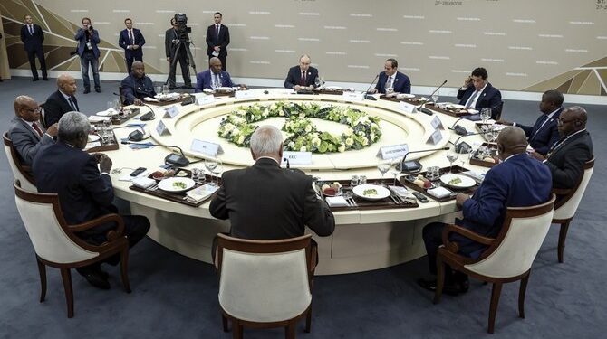 Russian President Vladimir Putin, rear center, hosts a breakfast meeting with leaders of African regional organisations on the sideline of the Russia Africa Summit in St. Petersburg, Russia, Thursday, July 27, 2023. (Mikhail Metzel/TASS Host Photo Agency Pool Photo via AP)