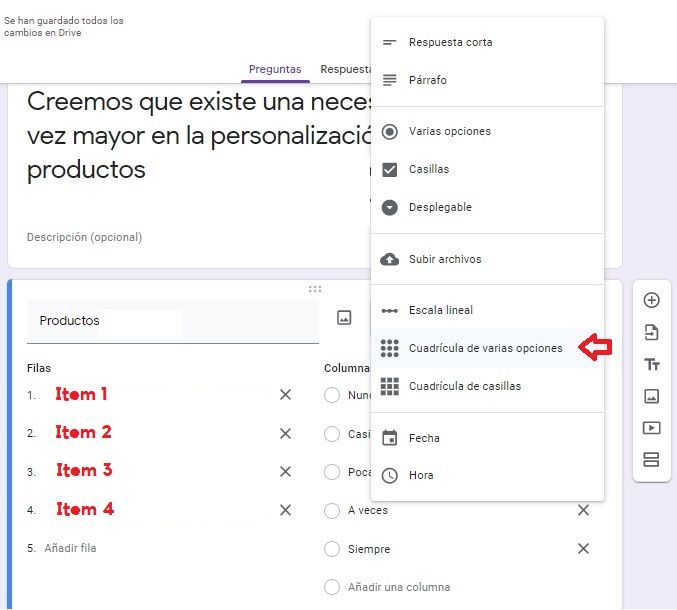 Preguntas con varias opciones por filas y columnas en GOOGLE FORMS