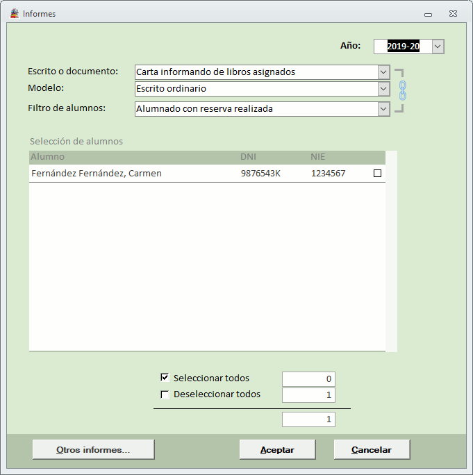 Diálogo para obtención de documentos y listados de alumnos y libros