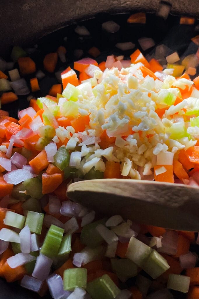 Celery, carrot, onion and garlic sofrito for an Easy and Nutritious Chicken Pot Pie. | Paula's Apron Recipe