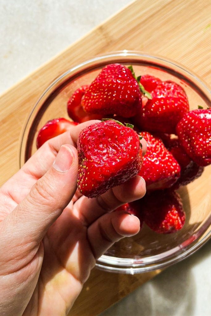 Strawberry Gazpacho Strawberries bruised and hulled.