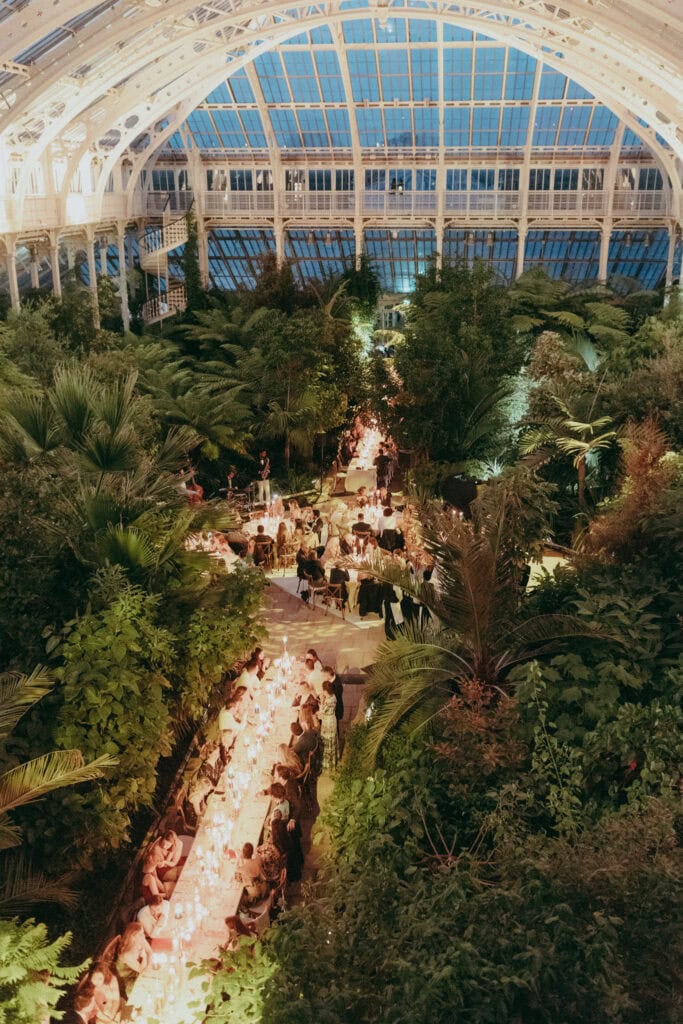 A long, elegantly set dining table surrounded by lush green plants inside a large glass conservatory, with guests seated and soft lighting creating a warm, inviting atmosphere—perfect inspiration for a London Wedding Photographer.
