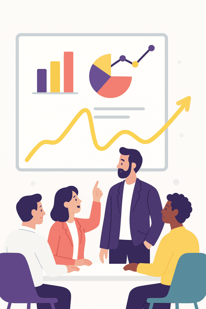 Illustration en format portrait montrant une équipe de recruteurs analysant un tableau de bord RH coloré avec graphiques, courbes et indicateurs de performance. Le visuel symbolise la mesure continue de la marque employeur et l’usage d’un logiciel de recrutement (ATS) pour piloter la performance RH et l’expérience candidat.