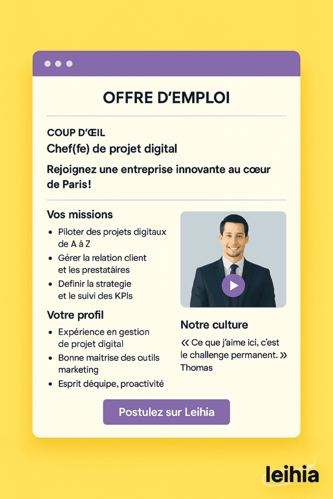 Illustration d’une offre d’emploi optimisée selon Leihia Talent Acquisition Suite, avec sections structurées, témoignage collaborateur et bouton “Postulez sur Leihia”.