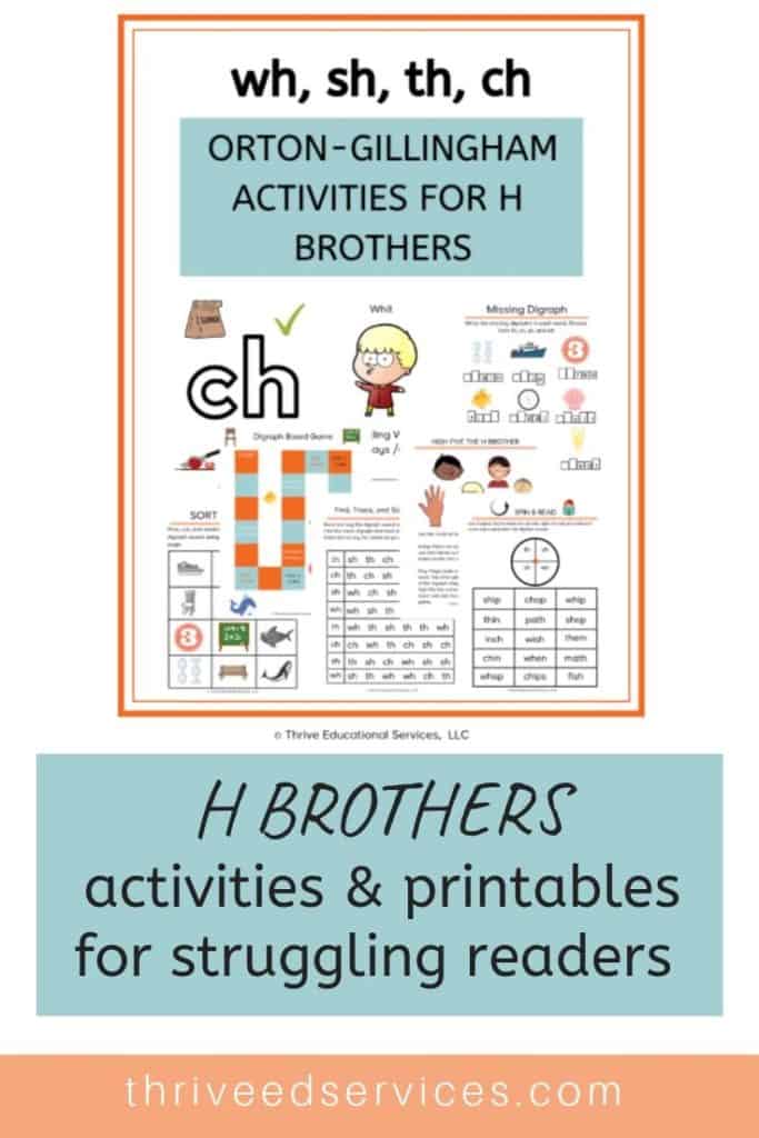 Orton-Gillingham activities for digraphs. This set includes H brothers activities to help students who struggle in reading learn how to read and write digraphs ch, wh, th, and sh. How to teach digraphs to students with dyslexia. #dyslexia #ortongillingham #hbrothers #digraphs #phonicsprintables #Phonicsworksheets #multisensory