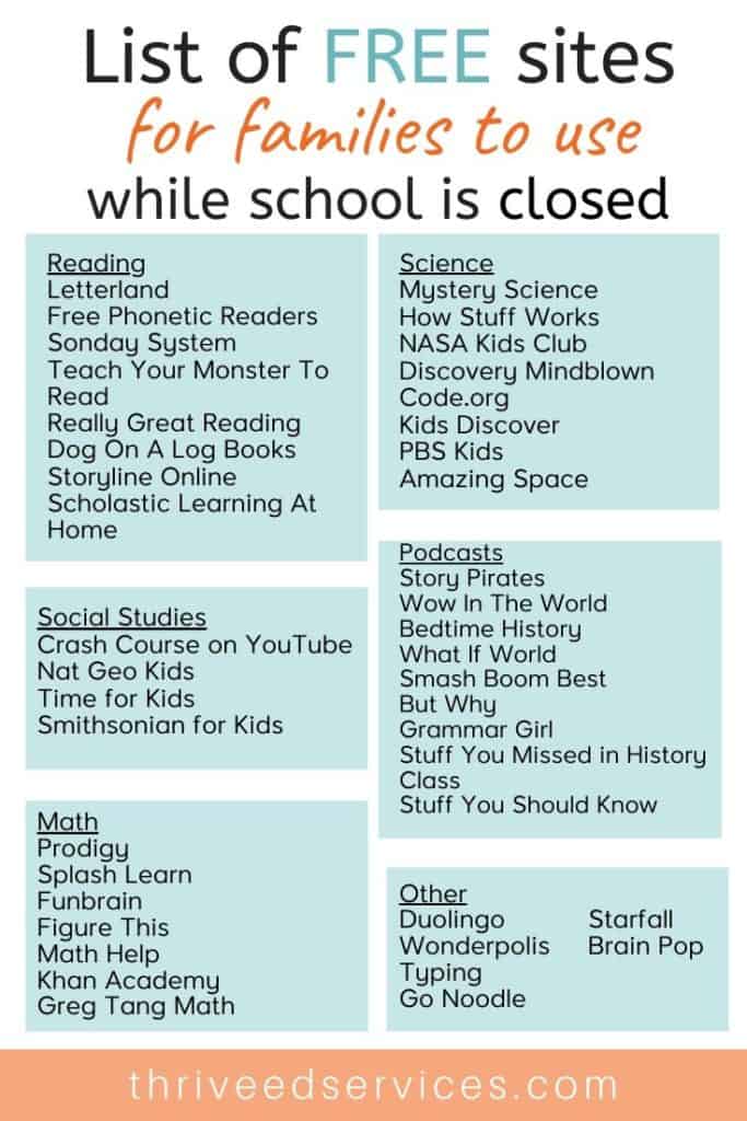 list of free sites for families to use while school is closed