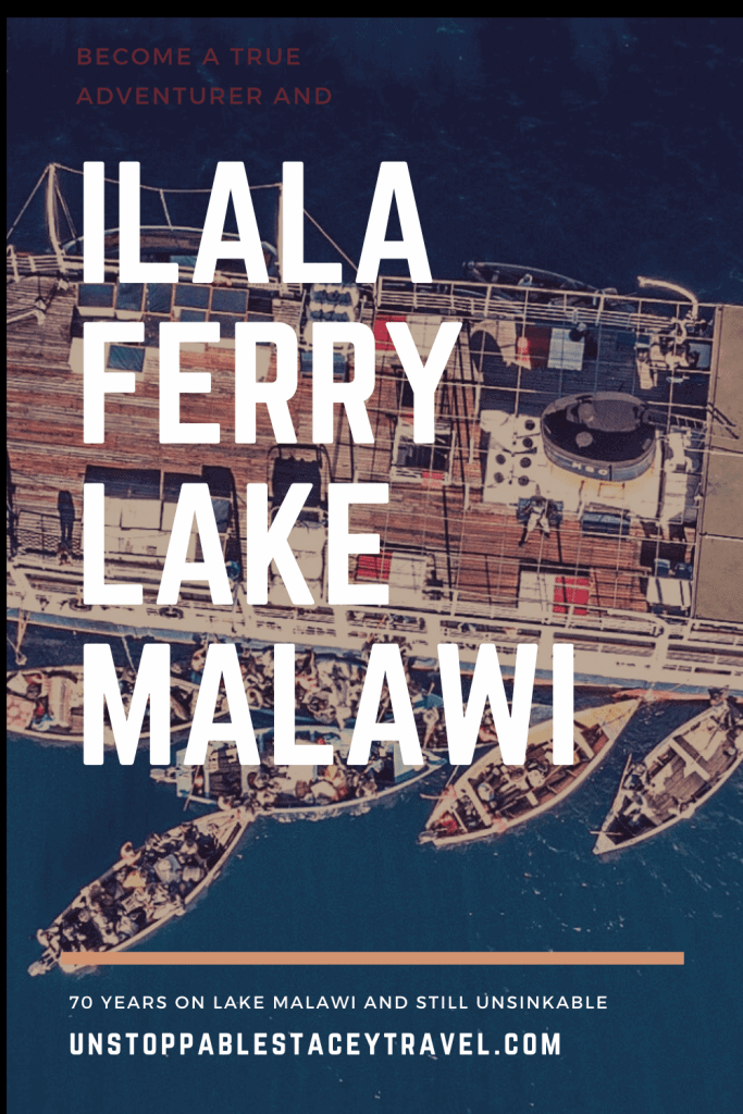 Pinterest pin with text: ILALA FERRY MALAWI over birdseye view shot of steamer