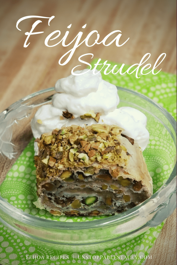 Pinterst graphic with close up of plated frijoa strudel and text reading "Feijoa strudel" and "Feijoa recipes"