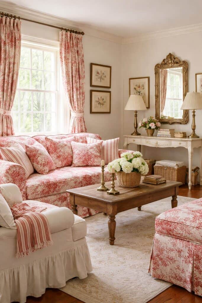 Traditionally decorated formal living room done in red toile and ticking stripe