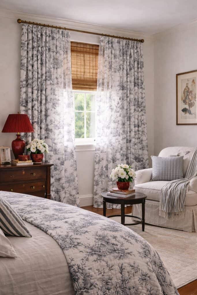 traditionally decorated bedroom showing black-toile-drapes-over-bamboo-blinds.jpg