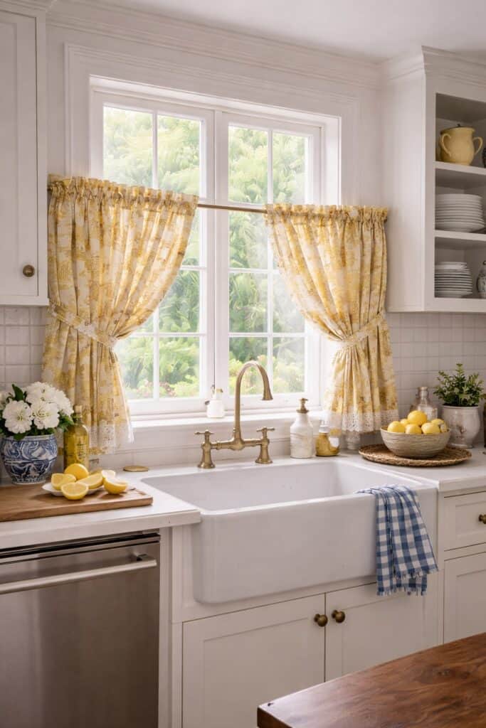 a kitchen window over a farmhouse sink and dressed in yellow and white toile cafe curtains