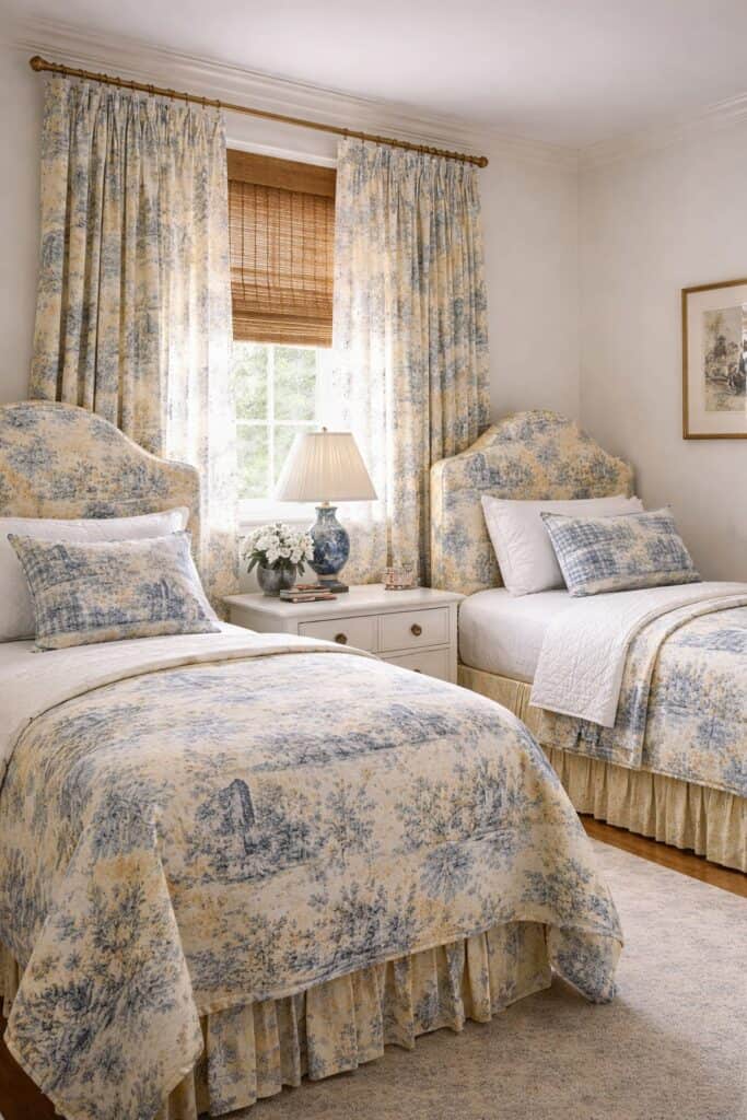 A guest room with double twins decorated traditionally in blue and yellow toile and white texture. 