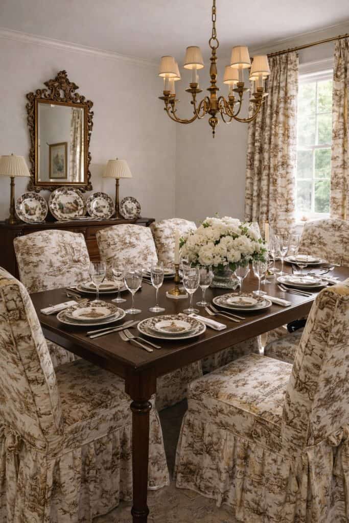 A formal dining room with brown woodland toile chairs and curtains and Spode woodland china. 