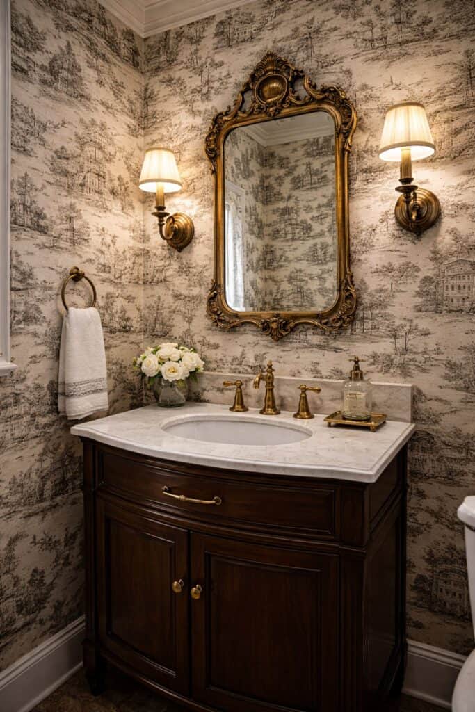 A half bath decorated in traditional toile decor with black toile and traditional antique brass accents and fixtures. 