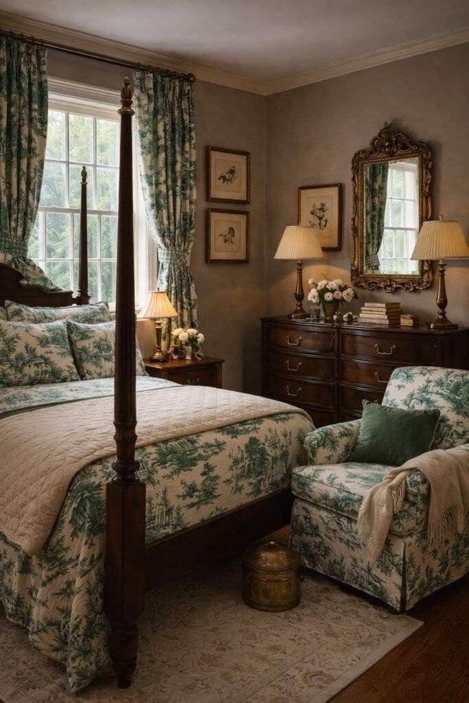 Traditionally decorated small bedroom with green and white toile, brass fixtures, and dark wood furnishings. 