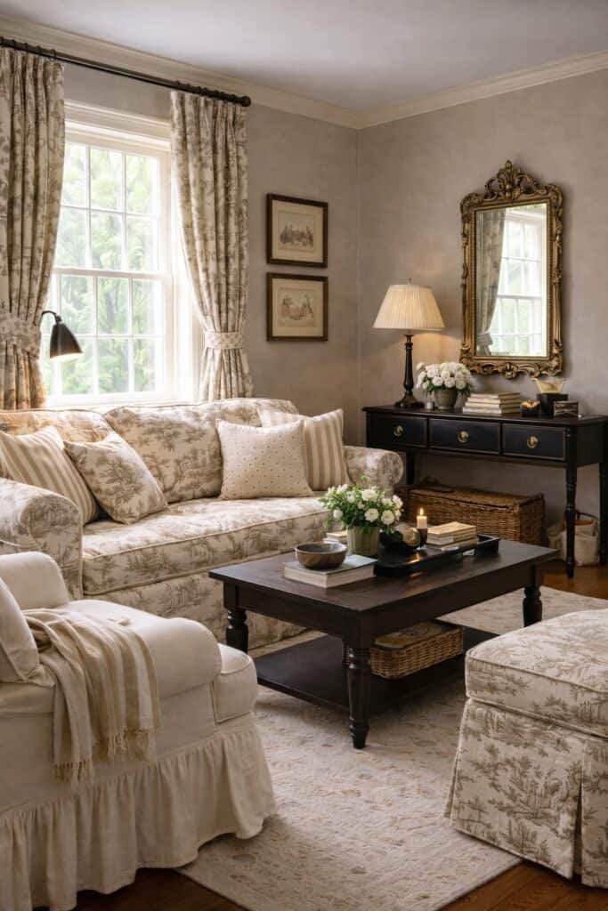 Traditional toile decor in a living room in sepia brown and cream. 