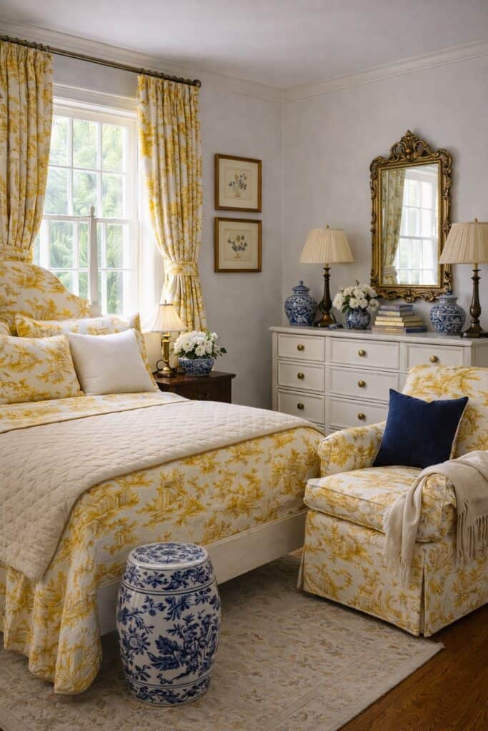 A traditional bedroom decor done in yellow and white toile with cobalt blue accents. 