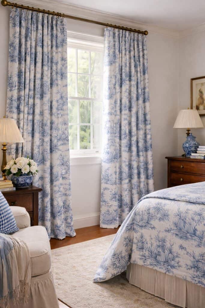 A traditional bedroom decorated in light blue toile and cream