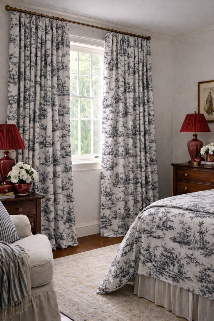 A traditional bedroom decorated in black and white toile with deep red lamps and gingham pillows. 