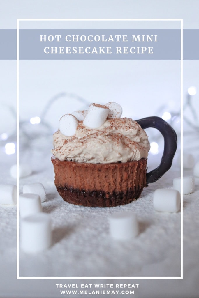 Hot chocolate mini cheesecake recipe. These cheesecake bites look like cups of hot chocolate topped with marshmallows and dusted with chocolate power.