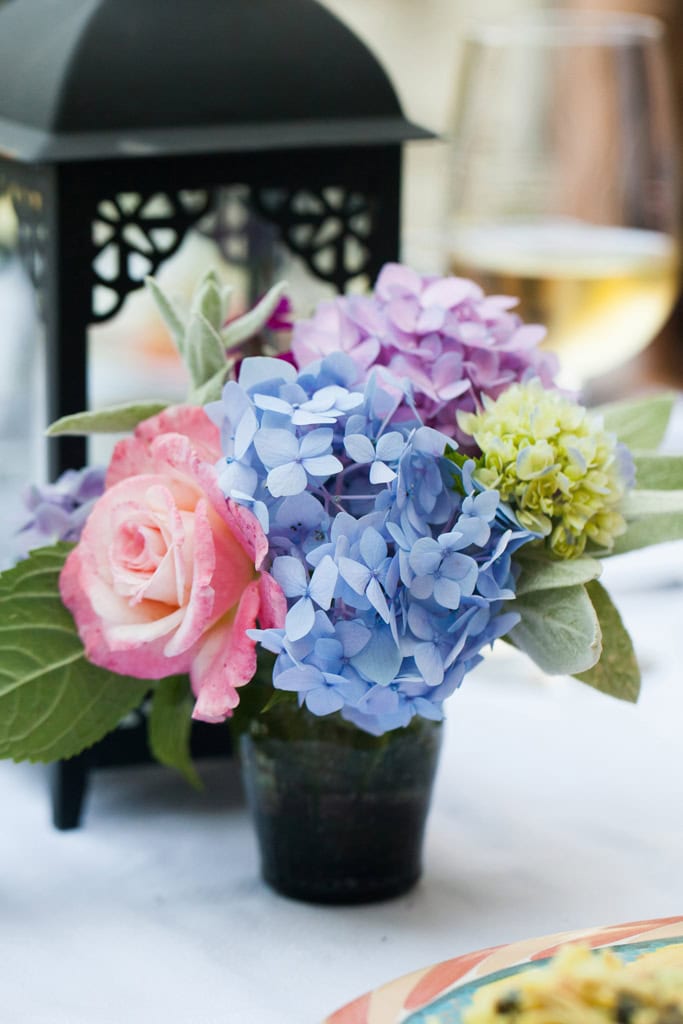 floral arrangement with hydrangeas and roses from the backyard garden