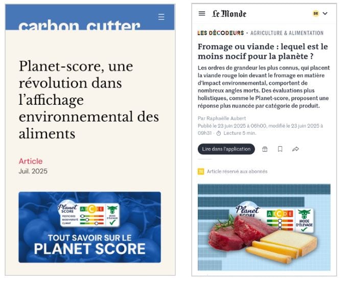 Examples of Planet-score-friendly articles. On the left an article from Carbon Cutter, on the right an article from Le Monde.