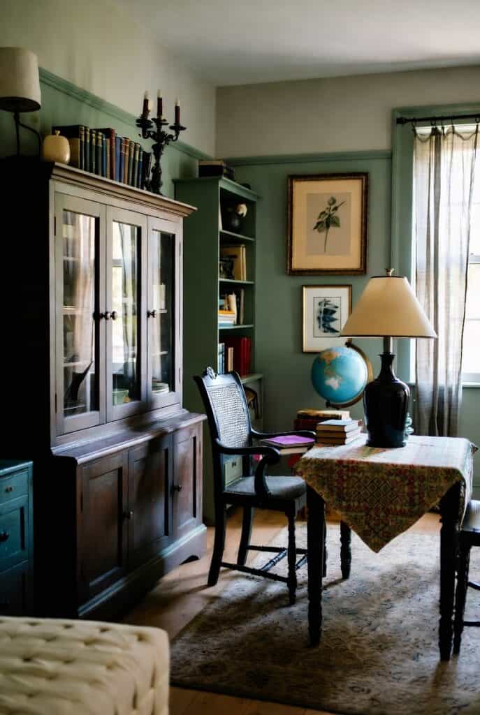 Nancy-Meyers aesthetic inspired casual office space with antique furnishings, green walls, and a casual vintage vibe. 