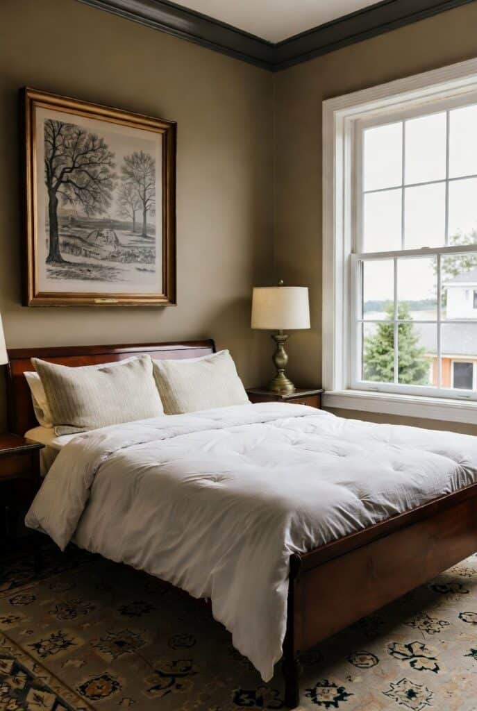 Nancy Meyers-inspired bedroom in transitional style with sage green walls and a sleigh bed with a down comforter. 