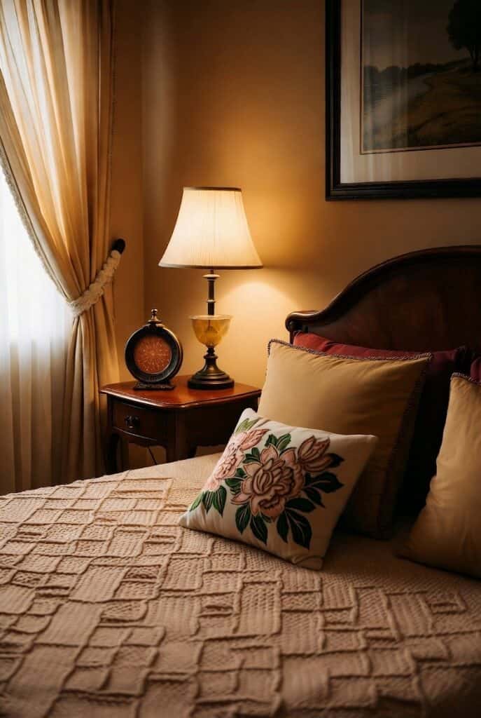 Nancy Meyers-inspired bedroom with needlepoint pillow, cream walls, and a chenille bedspread. 