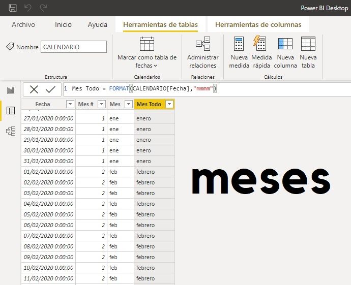 Dax para reflejar el texto de cada mes a partir de fecha