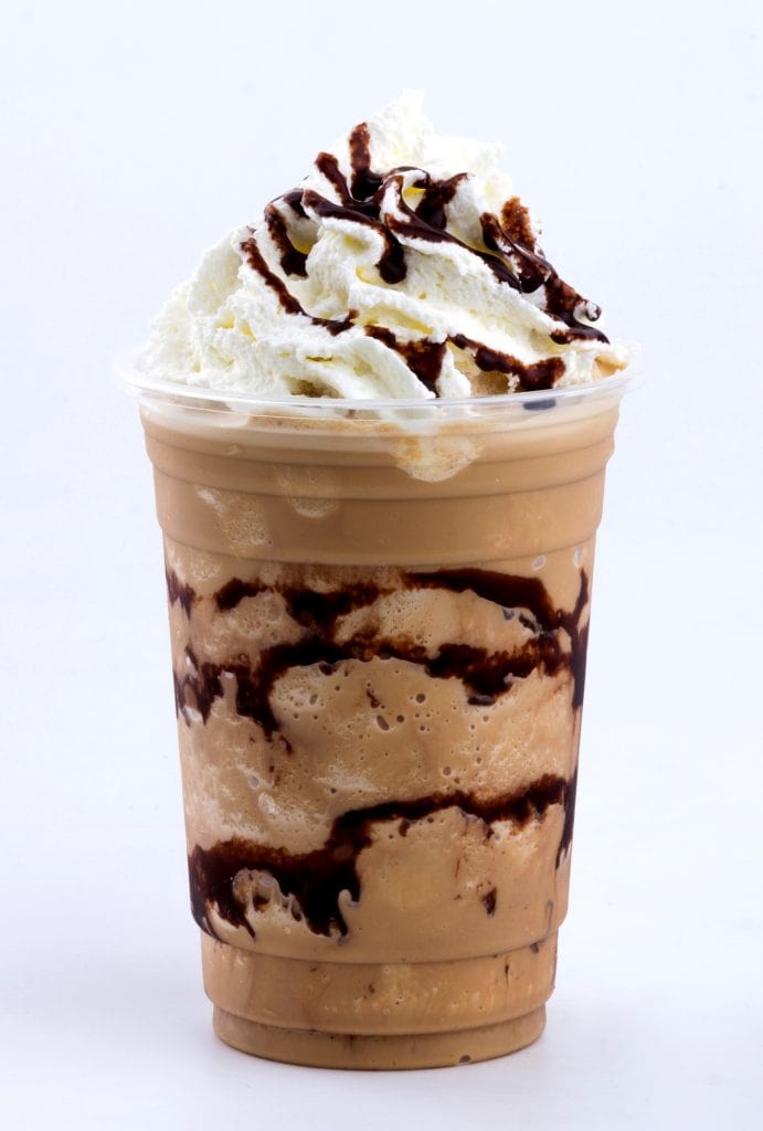 Mochal frappe in plastic cup with chocolate sauce and whip cream